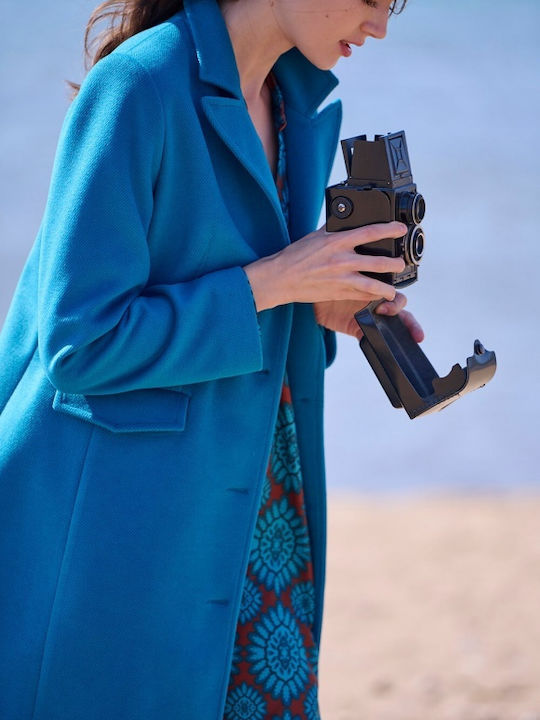 Matis Fashion Γυναικείο Μπλε Παλτό με Κουμπιά