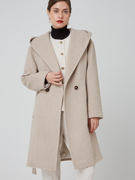Women's Midi Coat with Belt and Hood Beige