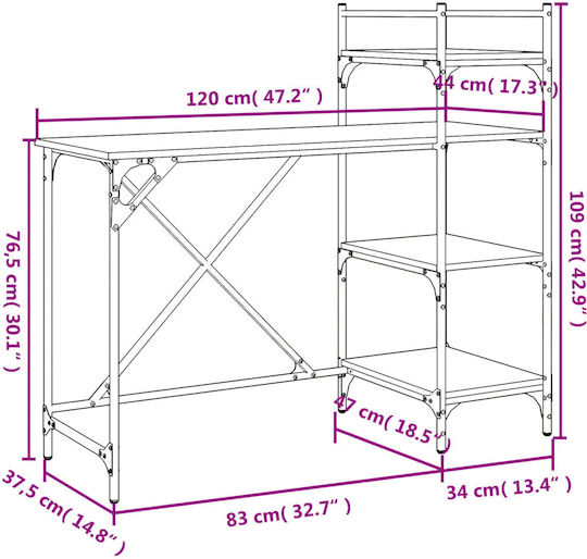 Desk Wooden Black with Metal Legs 120x47x109cm