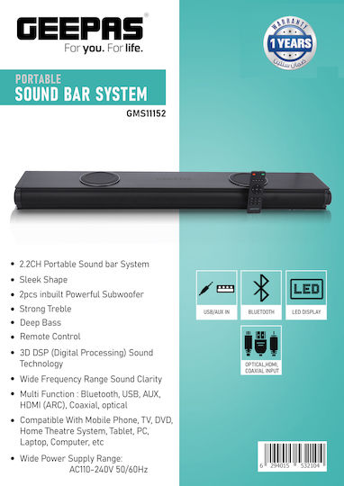Geepas GMS1115 Soundbar 2.2 Bluetooth und HDMI mit Fernbedienung Schwarz