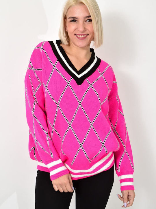 Potre Women's Long Sleeve Sweater with V Neckline Fuchsia