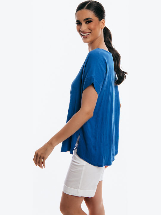 Women's Blouse Short Sleeve Blue.