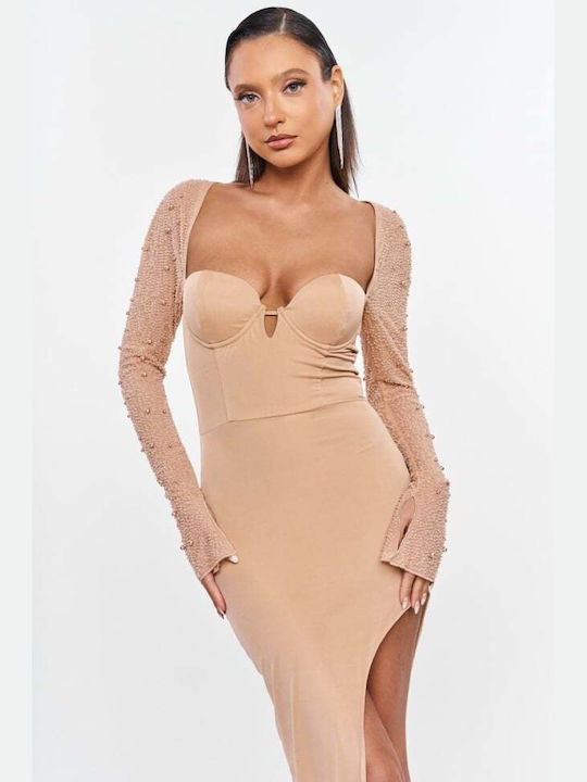 Maxi Evening Dress with Mesh Beige