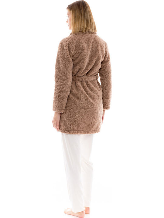 Pink Label Χειμερινή Γυναικεία Fleece Ρόμπα Καφέ