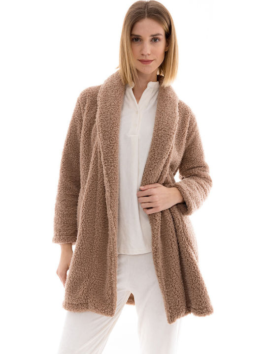 Pink Label Χειμερινή Γυναικεία Fleece Ρόμπα Καφέ