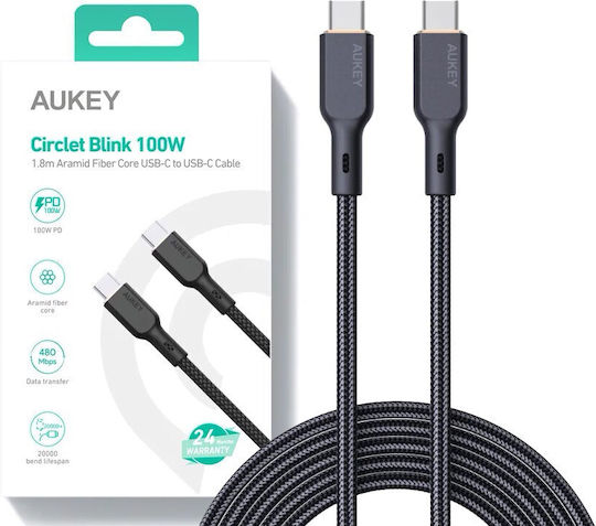 Aukey USB 2.0 Кабел USB-C Мъжки - USB-C 100W Захранване PD Черен 1.8м AKAUKKUCBKCC102