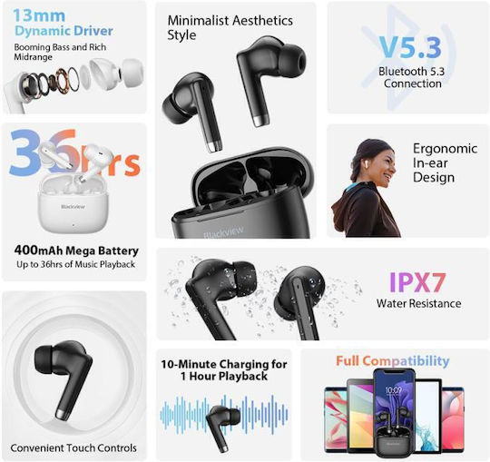 BlackView AirBuds 4 Bluetooth Handsfree Ακουστικά με Αντοχή στον Ιδρώτα και Θήκη Φόρτισης Μαύρα