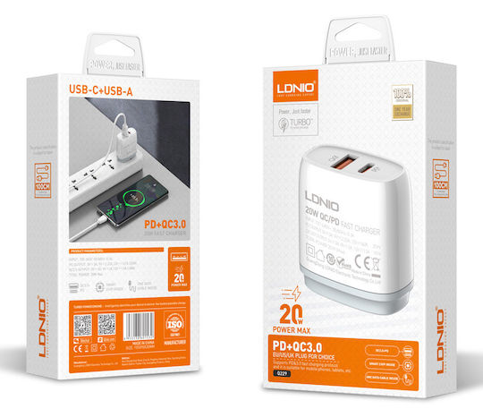 Ldnio Charger with USB-A Port and USB-C Port and Cable USB-C - USB-C 20W Power Delivery Whites (Q229)