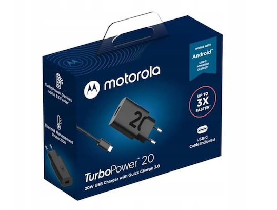 Motorola Încărcător cu Port USB-A și Cablu USB-C 20W Negruς (TurboPower)