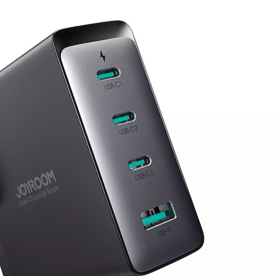 Joyroom Charger GaN with USB-A Port and 3 USB-C Ports and Cable USB-C 140W Power Delivery Blacks (JR-TCG05UK)