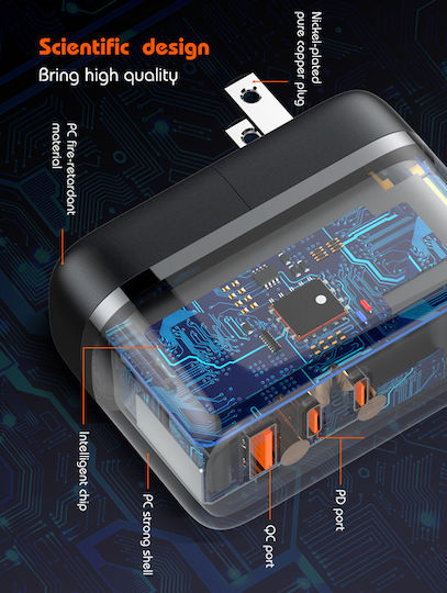 Ldnio Φορτιστής GaN με Θύρα USB-A και 2 Θύρες USB-C και Καλώδιο USB-C - USB-C 65W Quick Charge 3.0 / Power Delivery Μαύρος (Q366)
