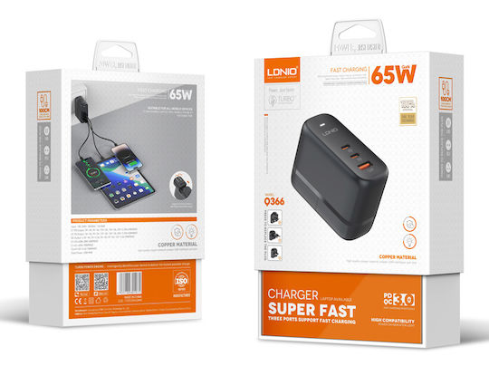 Ldnio Φορτιστής GaN με Θύρα USB-A και 2 Θύρες USB-C και Καλώδιο USB-C - USB-C 65W Quick Charge 3.0 / Power Delivery Μαύρος (Q366)