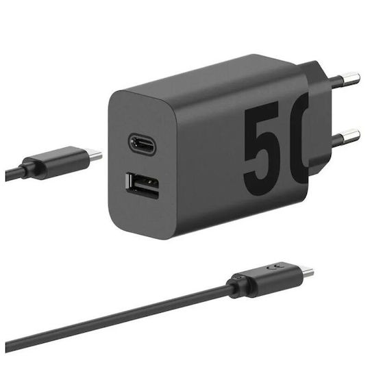 Motorola Φορτιστής με Θύρα USB-A και Θύρα USB-C και Καλώδιο USB-C 50W Μαύρος (TurboPower)