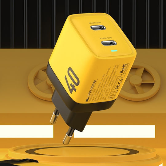 WK Φορτιστής Χωρίς Καλώδιο GaN με 2 Θύρες USB-C 40W Power Delivery Κίτρινος (WP-U128)