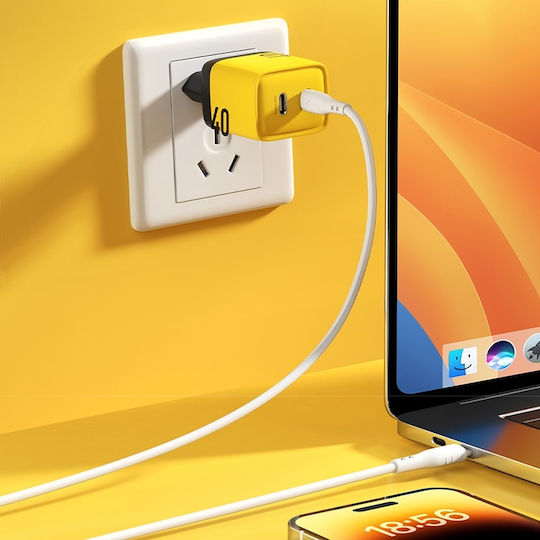 WK Φορτιστής Χωρίς Καλώδιο GaN με 2 Θύρες USB-C 40W Power Delivery Κίτρινος (WP-U128)