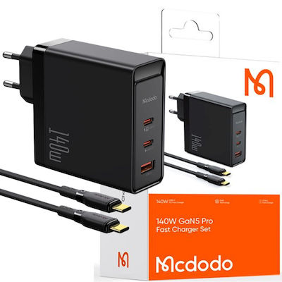 Mcdodo Charger with USB-A Port and 2 USB-C Ports and Cable USB-C 140W Black (CH-2913)