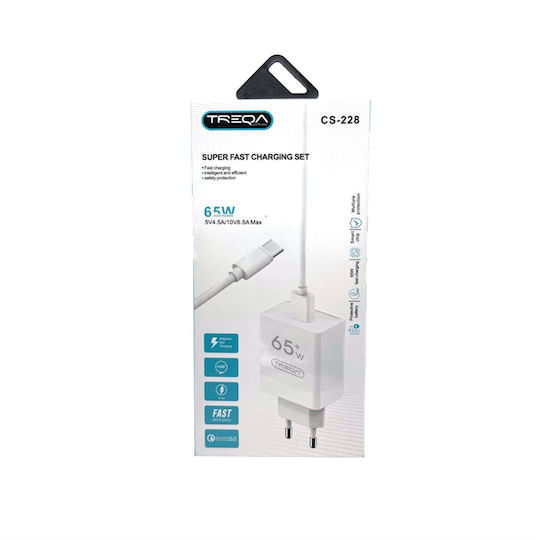 Treqa Ladegerät mit USB-A Anschluss und Kabel Micro-USB 65W Weißs (CS-228)