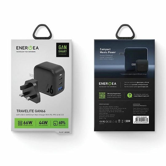 Energea Φορτιστής Χωρίς Καλώδιο GaN με Θύρα USB-A και 2 Θύρες USB-C 66W Power Delivery / Quick Charge 3.0 Μαύρος (GAN66)