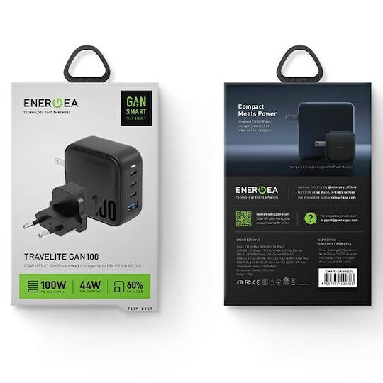Energea Φορτιστής Χωρίς Καλώδιο GaN με Θύρα USB-A και 3 Θύρες USB-C 100W Μαύρος (GAN100 US+EU)