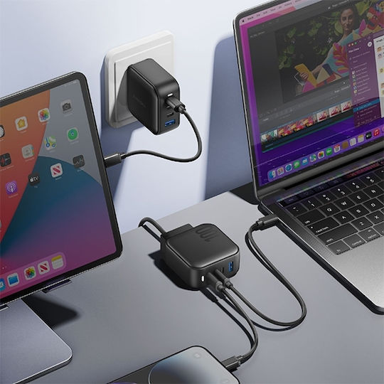 Energea Φορτιστής Χωρίς Καλώδιο GaN με Θύρα USB-A και 3 Θύρες USB-C 100W Μαύρος (GAN100 US+EU)