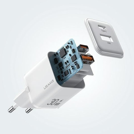 Usams Încărcător Fără Cablu cu Port USB-A și Port USB-C 30W Livrarea energiei Violet (CC189)