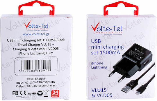 Volte-Tel Ladegerät und Kabel Blitzschlag Schwarzs (VCD05+VLU15)
