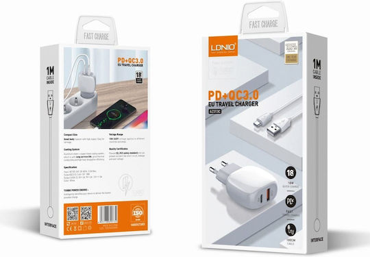 Ldnio Φορτιστής με Θύρα USB-A και Θύρα USB-C και Καλώδιο Lightning 18W Power Delivery / Quick Charge 3.0 Λευκός (A2313C)