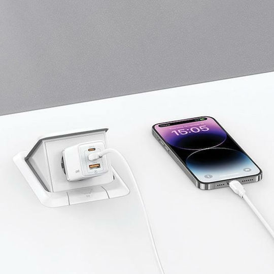 Usams Ladegerät ohne Kabel GaN mit USB-A Anschluss und 2 USB-C Anschlüsse 65W Stromlieferung Schwarzs (US-CC180)