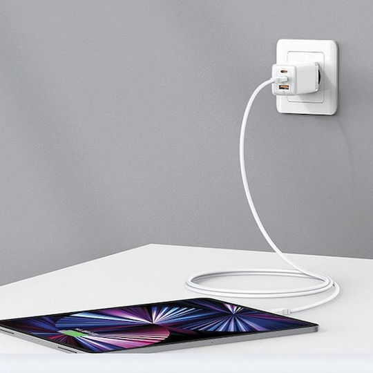 Usams Ladegerät ohne Kabel GaN mit USB-A Anschluss und 2 USB-C Anschlüsse 65W Stromlieferung Schwarzs (US-CC180)