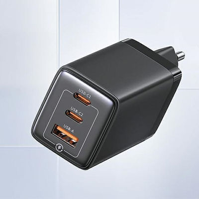 Usams Încărcător Fără Cablu GaN cu Port USB-A și 2 Porturi USB-C 65W Livrarea energiei Negruς (US-CC180)