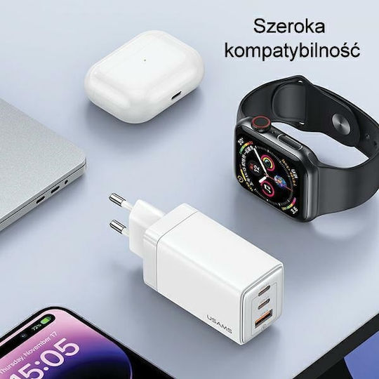 Usams Ladegerät ohne Kabel GaN mit USB-A Anschluss und 2 USB-C Anschlüsse 65W Stromlieferung Schwarzs (US-CC180)
