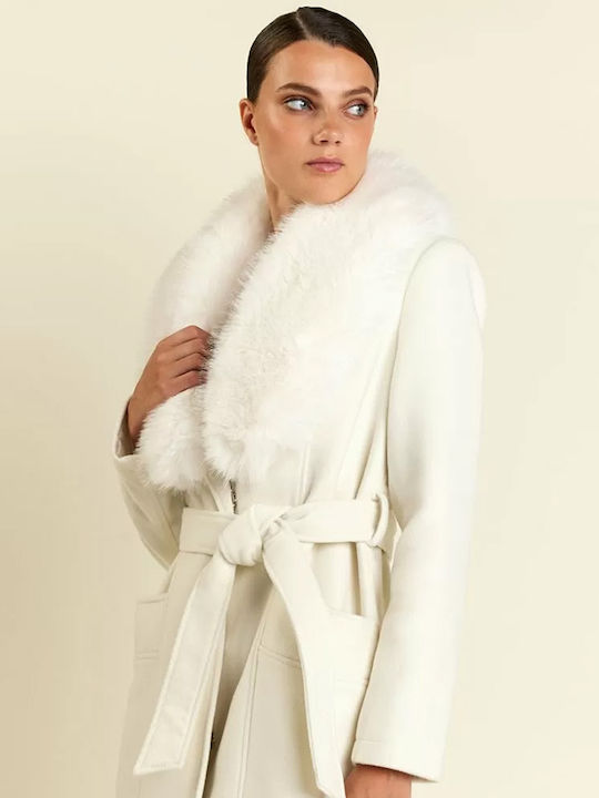 Forel Women's Long Coat with Belt and Fur White.