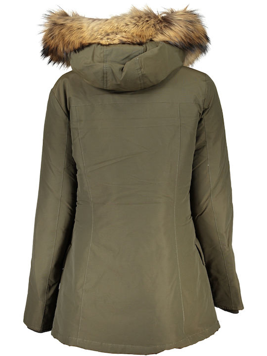 Woolrich Women's Long Lifestyle Jacket for Winter with Hood Green.