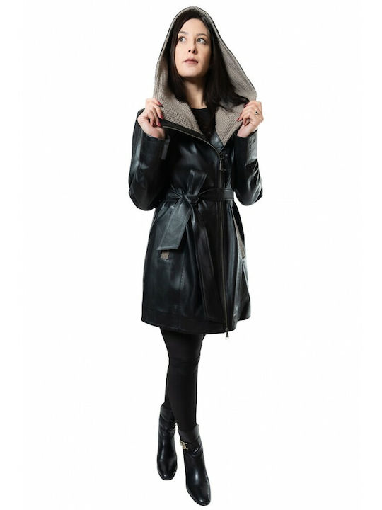 MARKOS LEATHER Women's Long Lifestyle Leather Jacket for Winter with Hood Black.