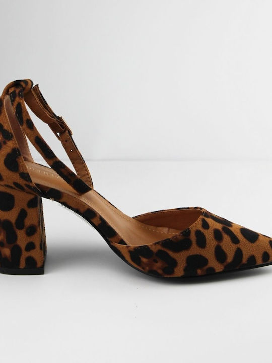 Diamantique Suede Pointed Toe Brown Heels with Strap Animal Print
