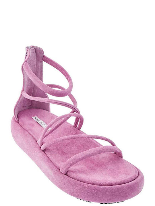 Δερμάτινα Γυναικεία Σανδάλια Flatforms Μωβ