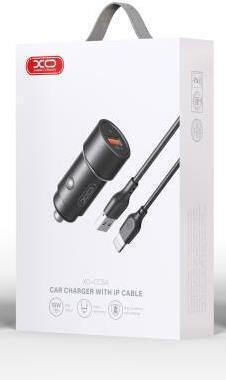 XO Car Charger 18W 1.5A Fast Charging with one Port: 1xUSB with Cable Lightning Black Color