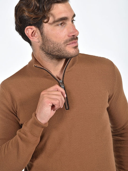 Clever Herren Langarm-Pullover Ausschnitt mit Reißverschluss Camel