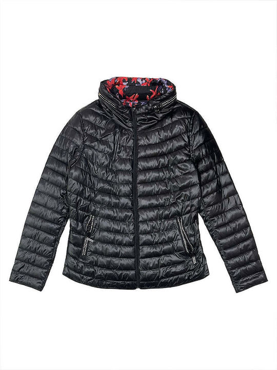 Ustyle Women's Short Puffer Jacket Double Sided for Winter with Hood Black.