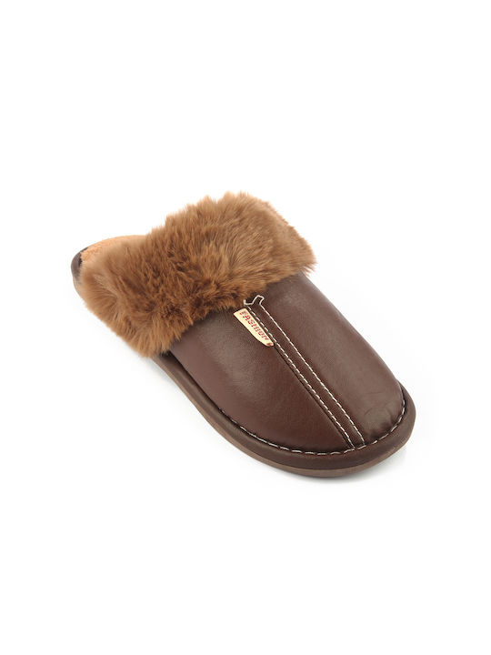 Fshoes Men's Slippers with Fur Brown