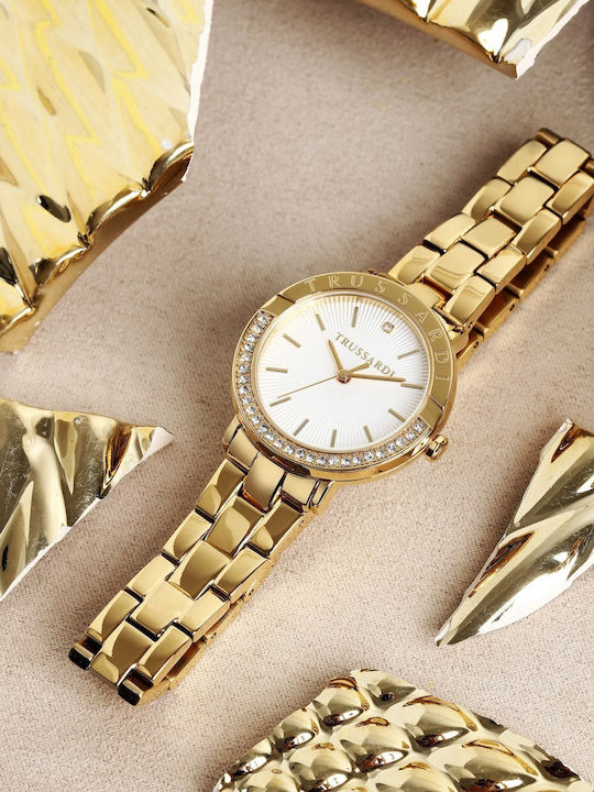 Trussardi T-vision Crystals Γυναικείο Ρολόι 30mm Μπαταρίας με Χρυσό Ατσάλινο Μπρασελέ