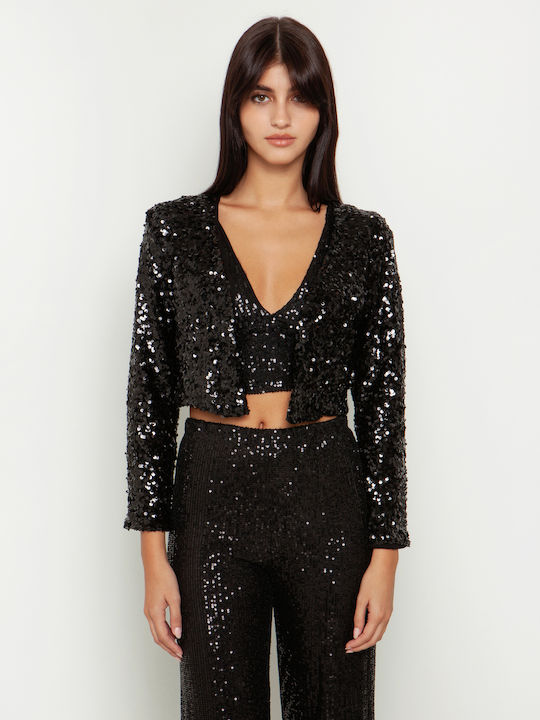 Toi&Moi Scurt Blazer pentru femei Sacou Negru cu paiete