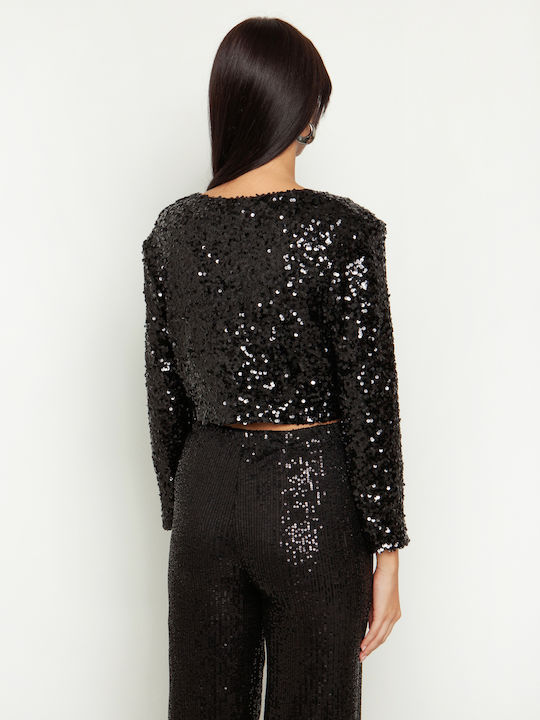 Toi&Moi Scurt Blazer pentru femei Sacou Negru cu paiete