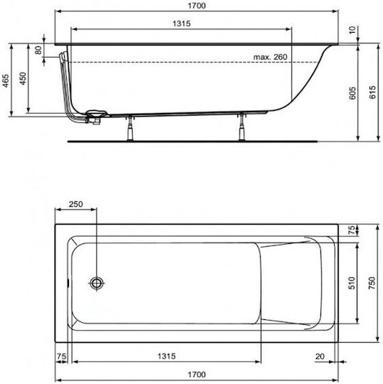 Ideal Standard Connect Air Slim Μπανιέρα Ακρυλική 170x75cm
