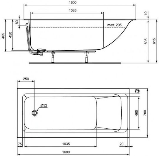 Ideal Standard Connect Air Slim Acrylic Bathtub 160x70cm
