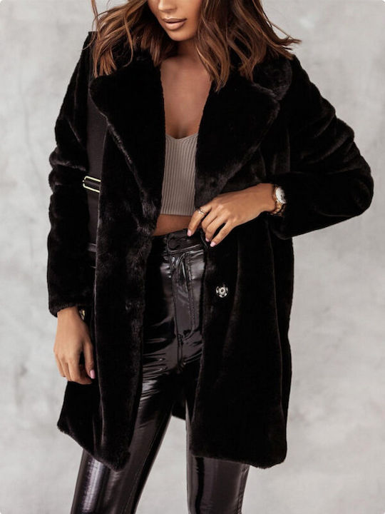 Women's Black Coat with Fur Details
