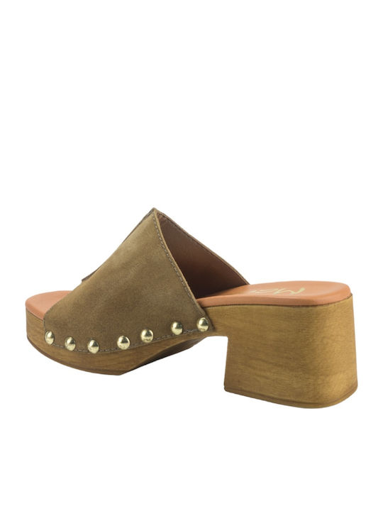 Mules with Chunky High Heel in Khaki Color