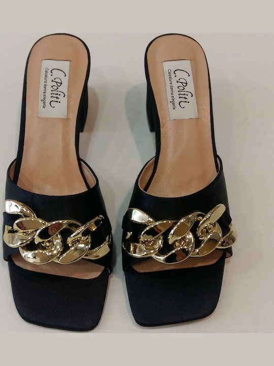 Δερμάτινα Mules με Χοντρό Χαμηλό Τακούνι Black/Gold