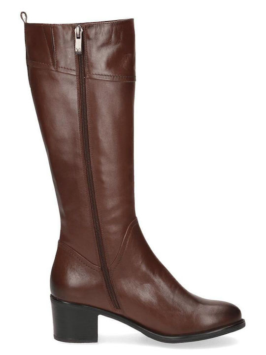 Leather Medium Heel Riding Boots with Rubber / Zipper Cognac Nappa