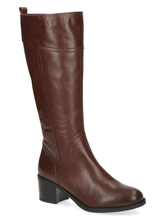Leather Medium Heel Riding Boots with Rubber / Zipper Cognac Nappa